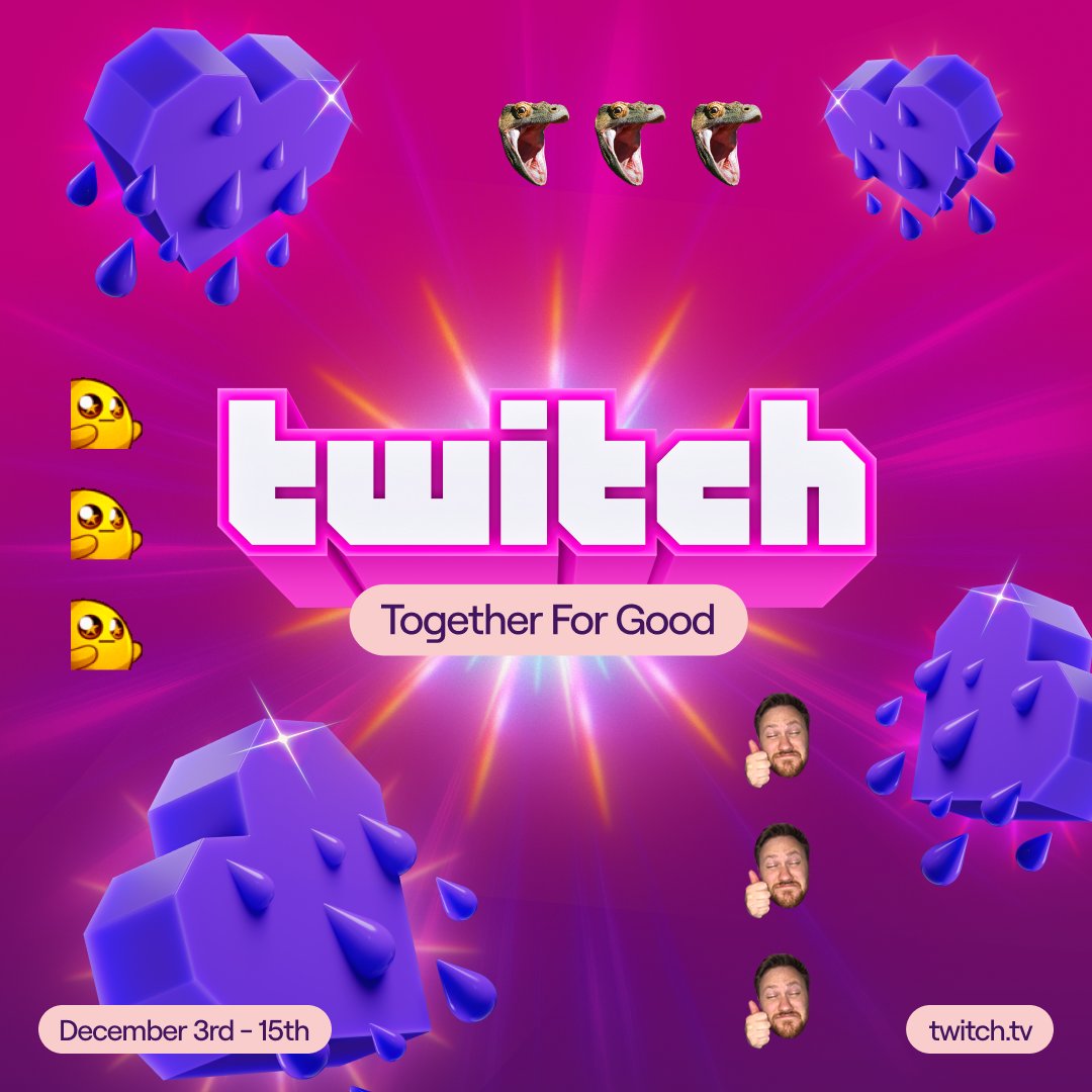 Twitch's tweet photo. The goodest time of the year is almost here! 

Starting Dec 3, Together for Good is back again, with streamers hosting charity streams in support of their favorite causes. 

Host a stream for a chance to be featured on the home page, donate to earn badges, and more!

Learn more here: https://t.co/MVQFVvYctN