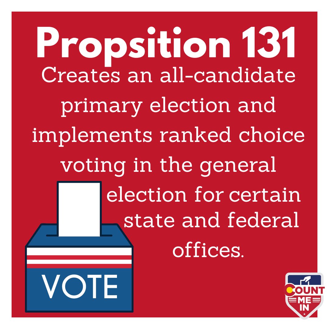 CountMeInCO's tweet photo. Proposition 131 proposes all-candidate primaries and ranked choice voting in the general election for some state and federal offices. Find out which races could be affected and learn more about this potential change to our voting system at https://t.co/ThqfR48z0y https://t.co/Ie9CGSN53g