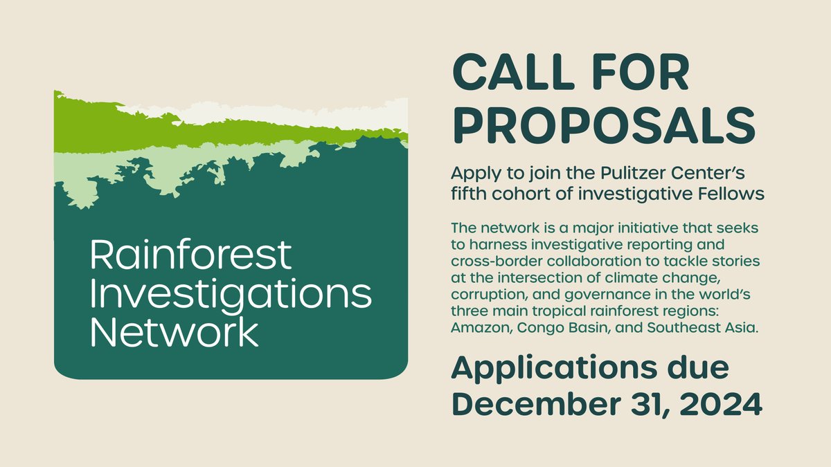 Call for Applications! Join the fifth cohort of the <a href="/Rainforest_RIN/">Rainforest Investigations Network (RIN)</a> Fellows.

We seek investigative journalists interested in cross-border collaborations focused on the three main tropical rainforest regions.

Apply by December 31! 
👉 bit.ly/RIN2025
