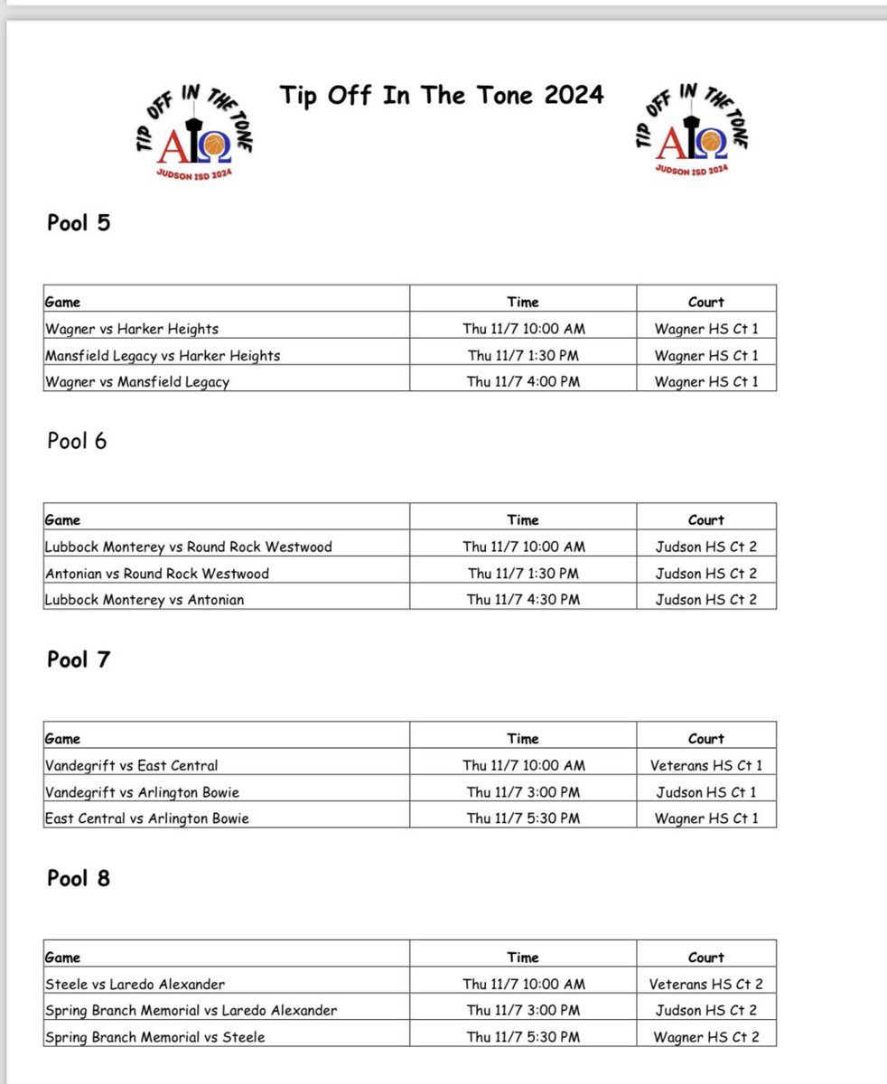 Tipoff In The Tone Invitational (@tonetipoff) on Twitter photo Check out the pool play line up with time and location. It’ll be a jammed back weekend of good basketball. <a href="/JISD_ATHLETICS/">Judson ISD Athletics</a> #tipoffatthetone Check out the pool play line up with time and location. It’ll be a jammed back weekend of good basketball. <a href="/JISD_ATHLETICS/">Judson ISD Athletics</a> #tipoffatthetone