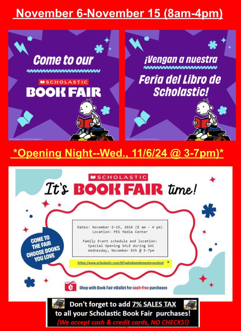 PahokeeELibrary's tweet image. We will have our Scholastic BOOK FAIR starting Wednesday, November 6th to Friday, November 15th in the Media Center! @PahokeeEL_Stars
Parents can shop with their children from 3-4 pm. 
Special FAIR OPENING NIGHT Wed, Nov 6 @ 3-7 pm (before & after SAC). 
#lovemylibraryPBCSD