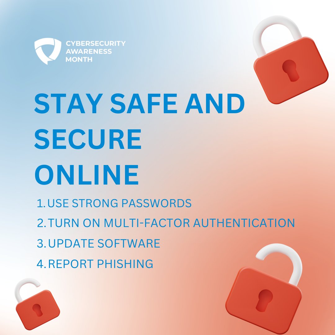 IndySoftCorp's tweet photo. 🛡️ Concluding Cybersecurity Awareness Month: Key Takeaways!

Remember these 4 ways to stay safe online:
1️⃣ Use strong, unique passwords.
2️⃣ Enable Multi-Factor Authentication (MFA).
3️⃣ Keep your software updated.
4️⃣ Report any phishing attempts.

#CybersecurityAwarenessMonth https://t.co/N3Qon8LEgY