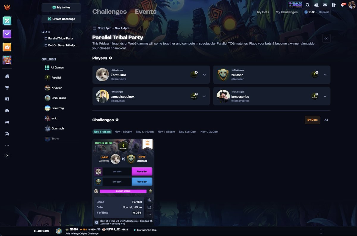 When <a href="/amypeniston/">amy</a> isn't tweeting, she's shipping 👨‍💻

Events are now grouped @ Tribally.Games/challenges, allowing you to quickly see what's coming up, who is taking part &amp; the individual matches 🔎

🗓️ Nov 1st - Bet on <a href="/ParallelTCG/">Parallel</a> 
🗓️ Nov 2nd - Bet on @Base (ft. <a href="/ChibiClash/">Chibi Clash ⚔️</a>)