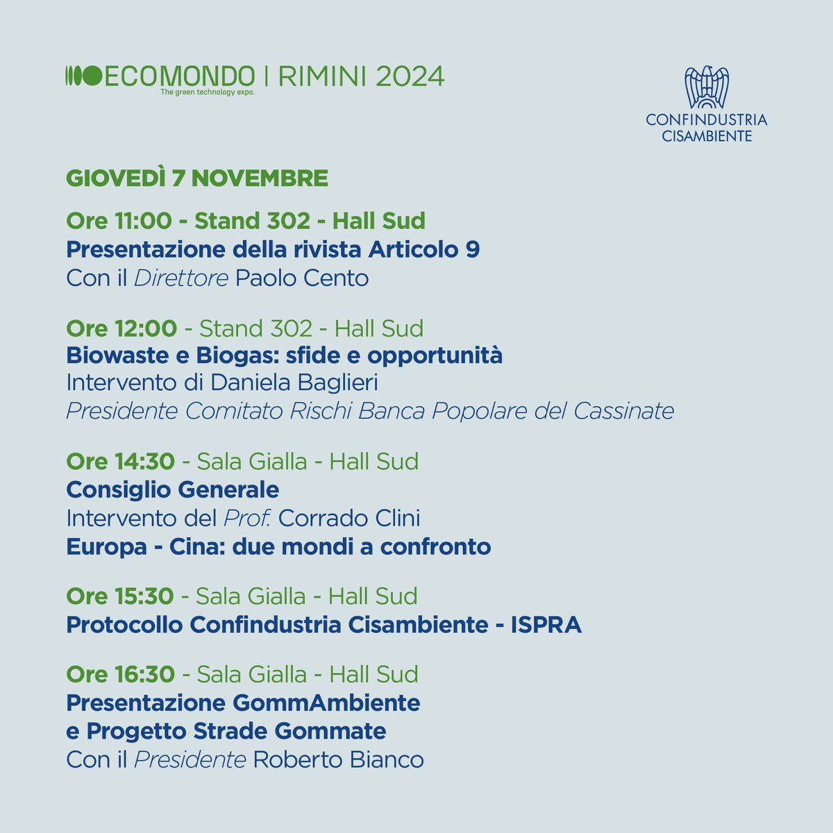 cisambiente's tweet photo. CONFINDUSTRIA CISAMBIENTE A ECOMONDO 2024: L’EVENTO SUL PALCO IL 5 NOVEMBRE CONDOTTO DA NICOLA PORRO CON IL MINISTRO PICHETTO FRATIN E IL VICE MINISTRO SISTO, ECCO IL PROGRAMMA COMPLETO DEGLI EVENTI FINO ALL’8 NOVEMBRE https://t.co/RWIWzUp4bX