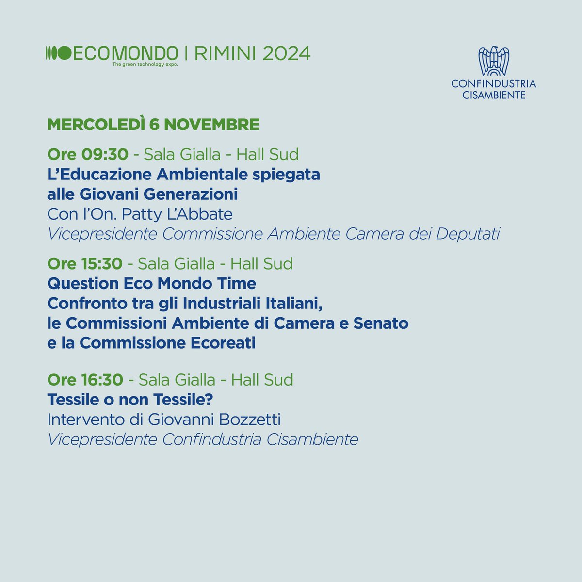cisambiente's tweet photo. CONFINDUSTRIA CISAMBIENTE A ECOMONDO 2024: L’EVENTO SUL PALCO IL 5 NOVEMBRE CONDOTTO DA NICOLA PORRO CON IL MINISTRO PICHETTO FRATIN E IL VICE MINISTRO SISTO, ECCO IL PROGRAMMA COMPLETO DEGLI EVENTI FINO ALL’8 NOVEMBRE https://t.co/RWIWzUp4bX