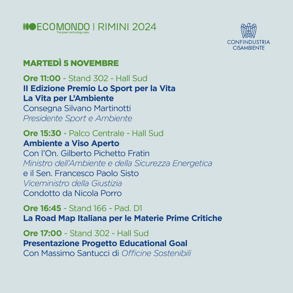 cisambiente's tweet photo. CONFINDUSTRIA CISAMBIENTE A ECOMONDO 2024: L’EVENTO SUL PALCO IL 5 NOVEMBRE CONDOTTO DA NICOLA PORRO CON IL MINISTRO PICHETTO FRATIN E IL VICE MINISTRO SISTO, ECCO IL PROGRAMMA COMPLETO DEGLI EVENTI FINO ALL’8 NOVEMBRE https://t.co/RWIWzUp4bX