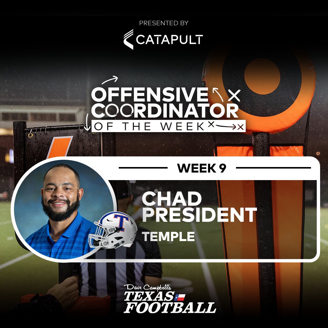 dctf's tweet photo. Congratulations to Temple High School’s Coach Chad President for being our Week 9 Offensive Coordinator of the week presented by @catapultsports!
@templewildcats
#dctf #txhsfb https://t.co/dwMz1QEc5e