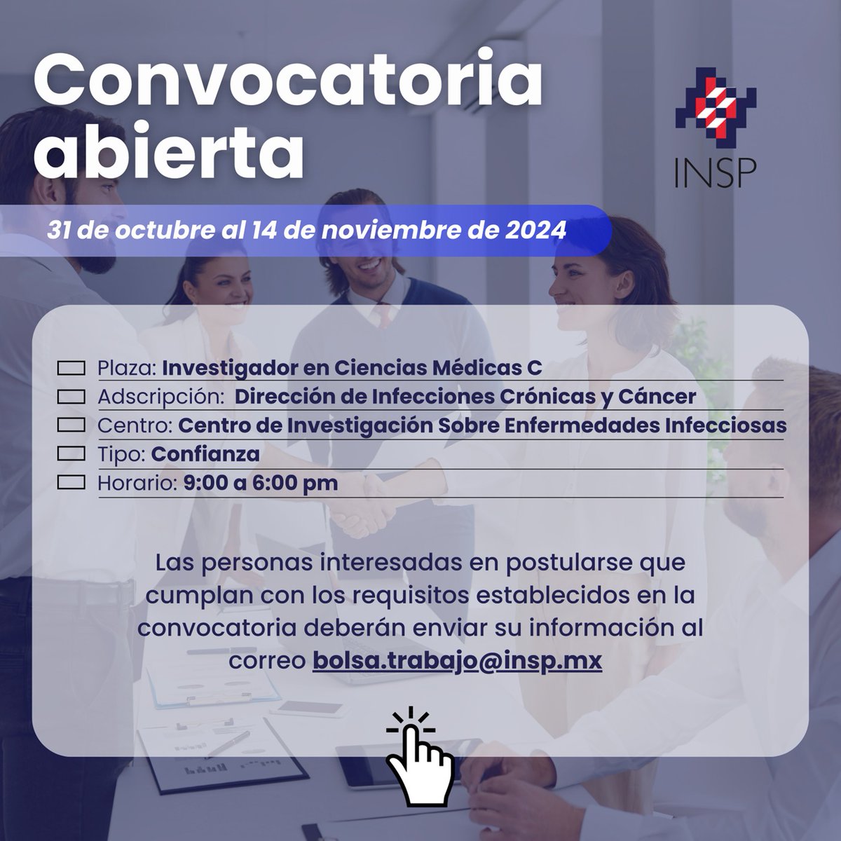 uispinsp's tweet photo. 🚨 ¡Oportunidad de trabajo en el #INSP! 🚨

El Instituto Nacional de Salud Pública está en busca de un Investigador en Ciencias Médicas C para integrarse a la Dirección de Infecciones Crónicas y Cáncer.

Interesados enviar información a: bolsa.trabajo@insp.mx
#Convocatoria https://t.co/6v9ogKR7t3