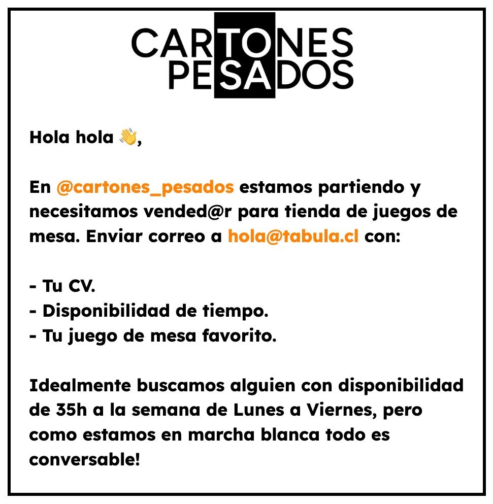 Cartoner@s, les quiero contar algo. Me voy a poner con mi propia tienda (pk faltaban tiendas!). 

Se llama Cartones Pesados y queda en el centro de Santiago. Le agradecería mucho si nos siguen en ig y comparten está publicación. 

instagram.com/p/DBzFRJzydAb/