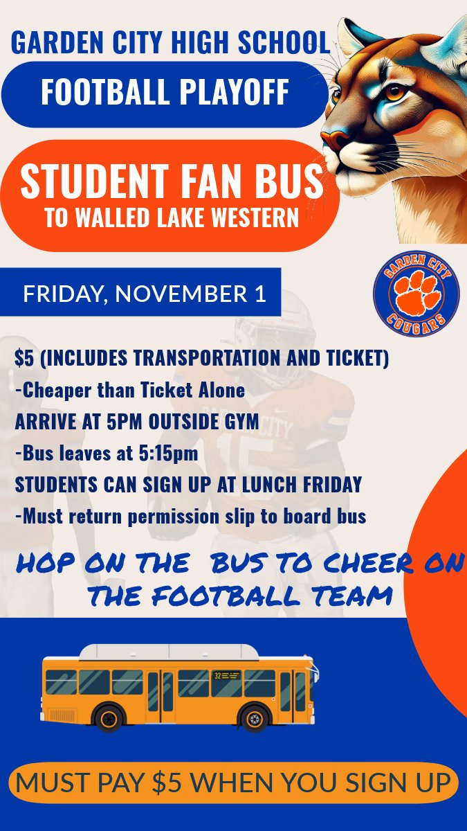 GCathleticdept's tweet photo. Hop on the bus with your fellow students and cheer on the Varsity Football team as they take on Walled Lake Western in the Playoffs on Friday, November 1.  For only $5 you receive your ticket to the game ($7 value) and transportation to and from Walled Lake Western High School. https://t.co/5efj1PS9d6