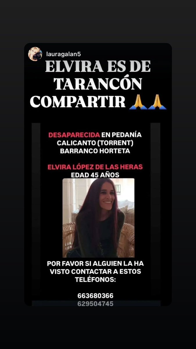 Porfavor si alguien sabe algo o la vio está desaparecida por la Dana ! Retuitear porfavor ! #dana #GH30O   #GH31O #GhGala9 <a href="/LAURAGALAN81/">𝐋ᴀᴜʀᴀ 𝐆ᴀʟáɴ ⚔️🇪🇸</a>