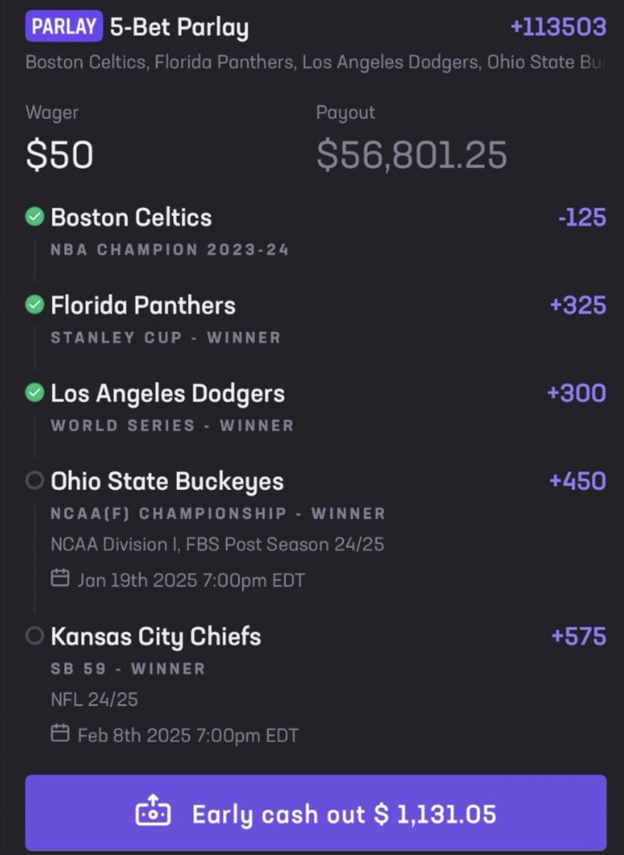AndySlater's tweet photo. One of my followers (@ChristianG_4) asked if he should cash out this futures parlay.

@HardRockBet offering him about $1,100. https://t.co/l1mFCN3UeM