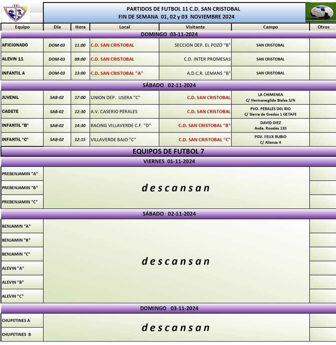 Empezamos un nuevo mes, os adjuntamos los horarios y día de los partidos de futbol 11. Esta semana los equipos de futbol 7 descansan con motivo de la festividad del 1 de noviembre.