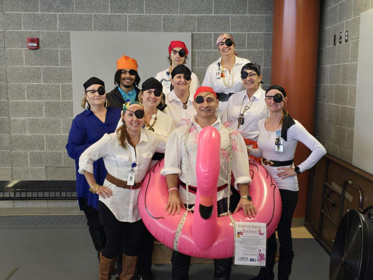 SampsonRMC's tweet photo. 🦜 Ahoy, mateys! It looks like the crew at SampsonRMC's Outpatient Rehabilitation Center has been taken over by a band of friendly pirates this Halloween! 
Remember, we're here to help you stay healthy and strong—no tricks, just treats! 🍬⚓ https://t.co/hUmDHXiGil