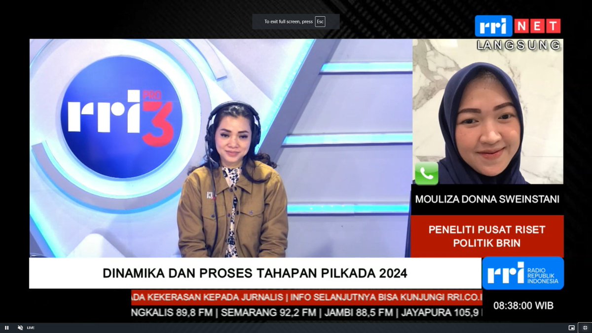 #live

Sdg berlgsg Wwcr dialog dgn Topik Dinamika Dan Proses Tahapan Pilkada 2024 bersama Mouliza Donna Sweinstani-Peneliti Pusat Riset Politik BRIN oleh Risty Rustarto.

Selengkapnya dengarkan di 88,8FM&amp; RRI Digital.
#IMP #PRO3RRI