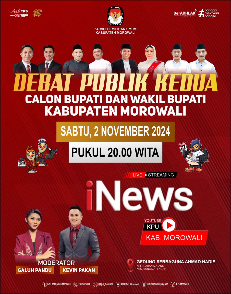 #temanpemilih mari kita saksikan bersama Debat Publik Kedua Pasangan Calon Bupati dan Wakil Bupati Kabupaten Morowali pada Pilkada Serentak Tahun 2024.

Live di iNews TV dan YouTube KPU Kabupaten Morowali pada hari Sabtu, 2 November 2024, pukul 20.00 wita