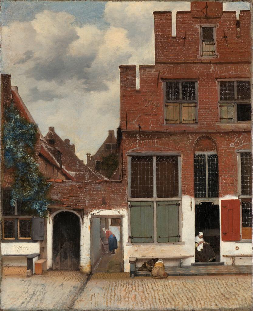 At the end of Vermeer's birthday, a little street in Delft. I always wonder what those two children on the stoop were up to, back in 1658.