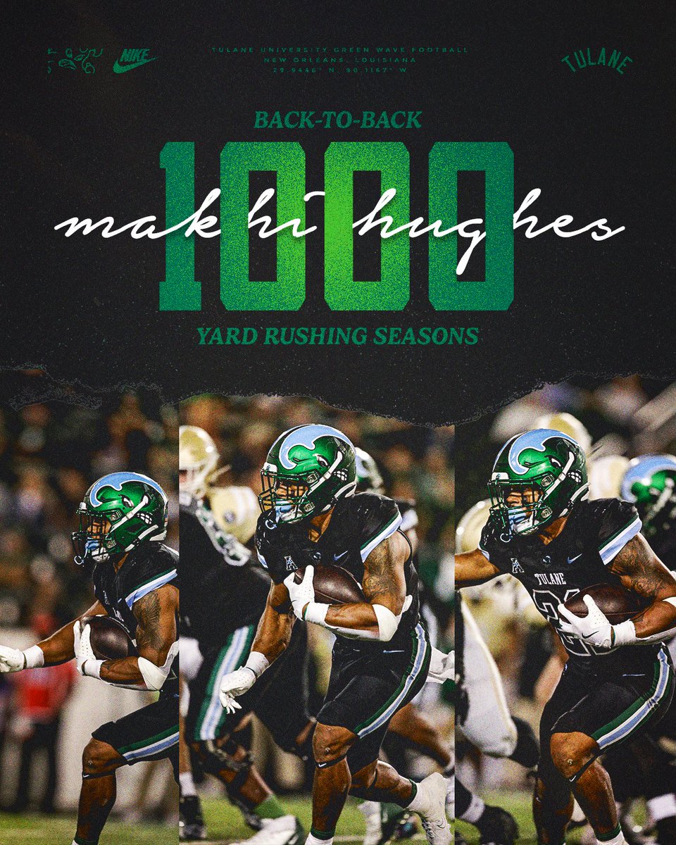 Tulane Football (@greenwavefb) on Twitter photo ICYMI: <a href="/HughesMakhi/">Makhi Hughes ✞</a> went over 1,000 yards rushing on the season in the first half...He is just the third player in school history to accomplish the feat twice in a career.
#RollWave 🌊 ICYMI: <a href="/HughesMakhi/">Makhi Hughes ✞</a> went over 1,000 yards rushing on the season in the first half...He is just the third player in school history to accomplish the feat twice in a career.
#RollWave 🌊