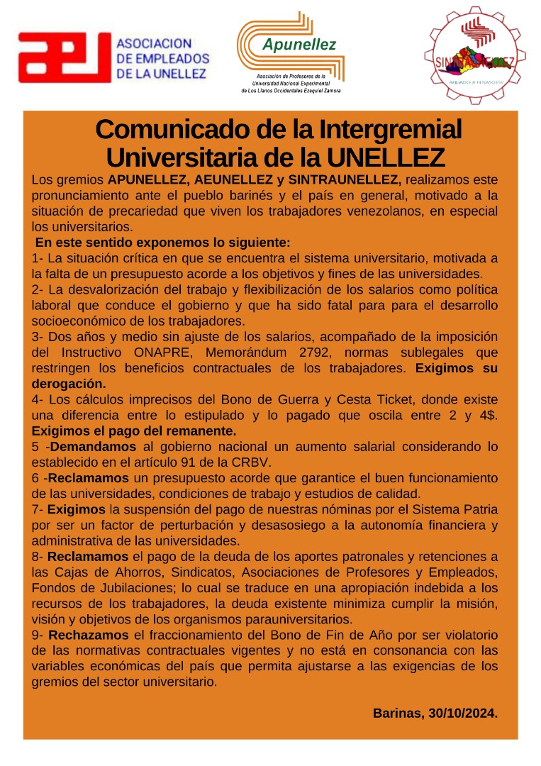 Comunicado de la Intergremial Universitaria de la UNELLEZ