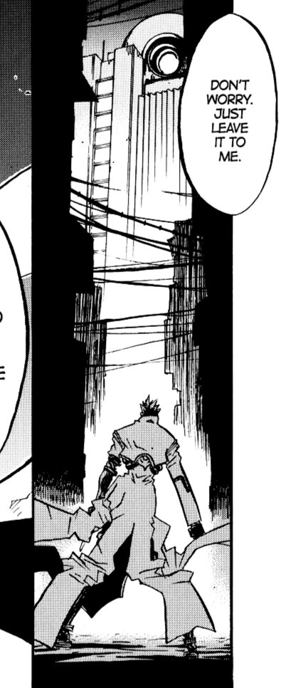 RenaRowny's tweet image. I like how these two Trigun Stampede concept artworks have the same vibe as this manga panel; the atmosphere has been captured perfectly.