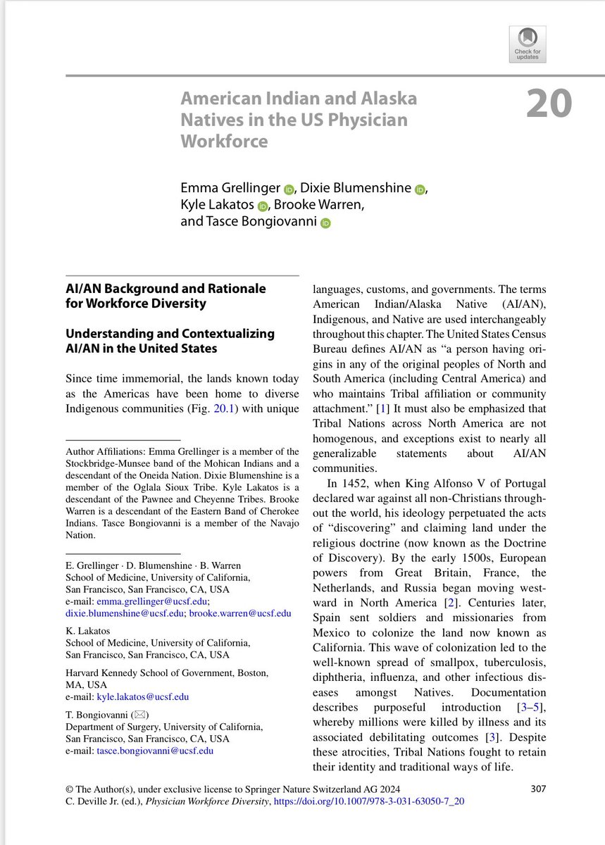 Emma Grellinger (@emmagrellinger) on Twitter photo So proud of this piece written in collaboration with Dixie Blumenshine, <a href="/KyleLakatos/">Kyle Lakatos MD MPP MSc</a>, <a href="/rosalie_brooke/">Brooke Warren</a>, <a href="/TasceB/">Tasce Bongiovanni, MD, MPP, MHS</a>
We address the profound underrepresentation of AI/ANs in medicine, what has been done, and what’s next.
Read more here: link.springer.com/book/10.1007/9… So proud of this piece written in collaboration with Dixie Blumenshine, <a href="/KyleLakatos/">Kyle Lakatos MD MPP MSc</a>, <a href="/rosalie_brooke/">Brooke Warren</a>, <a href="/TasceB/">Tasce Bongiovanni, MD, MPP, MHS</a>
We address the profound underrepresentation of AI/ANs in medicine, what has been done, and what’s next.
Read more here: link.springer.com/book/10.1007/9…
