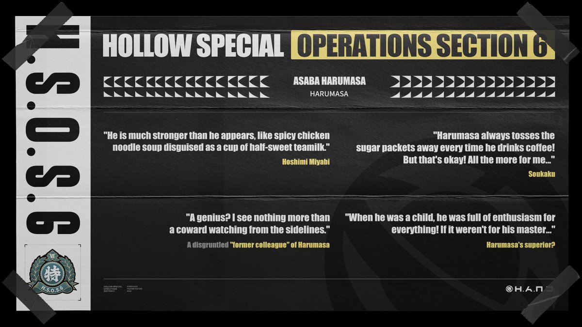 ZZZ_EN's tweet image. Agent Record | Asaba Harumasa

"Nice to meet you, unless you're here to make me work overtime."
Asaba Harumasa

"Ahem... I feel like my condition has worsened..."
"I've got bags under my eyes, my body aches all over, and I feel so out of it that I’m about to mutate into an…