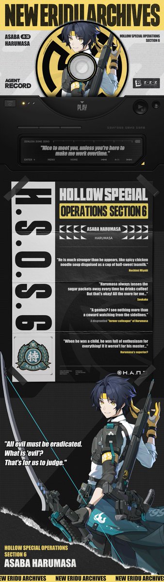 ZZZ_EN's tweet image. Agent Record | Asaba Harumasa

"Nice to meet you, unless you're here to make me work overtime."
Asaba Harumasa

"Ahem... I feel like my condition has worsened..."
"I've got bags under my eyes, my body aches all over, and I feel so out of it that I’m about to mutate into an…