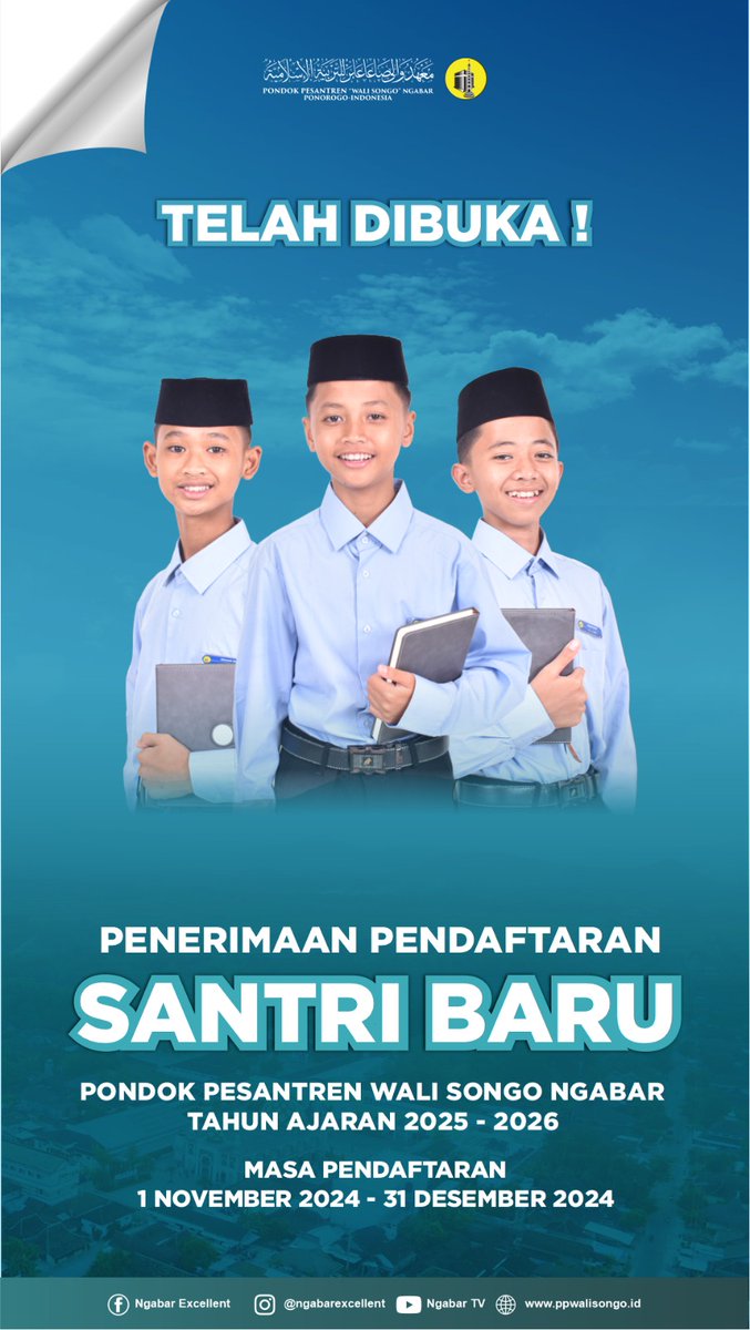 a_nashir's tweet photo. 🎉TELAH DIBUKA !

PENERIMAAN SANTRI BARU PONDOK PESANTREN WALI SONGO NGABAR TAHUN AJARAN 2025-2026

Untuk informasi lebih lanjut mengenai penerimaan santri baru Pondok Pesantren Wali Songo Ngabar, kunjungi situs web kami :
https://t.co/U2YxMZr4jJ

PILIHAN TEPAT GENERASI HEBAT https://t.co/NMk5yTJ3D5