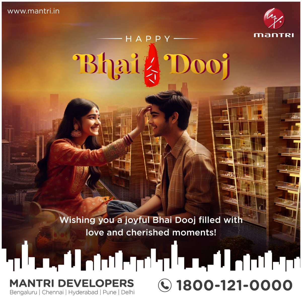 This Bhai Dooj, Let's celebrate the love, laughter, and unbreakable bond of siblings. May every moment with your sibling be filled with joy, love, and lasting memories! 
 #mantridevelopers #builders #realestate #developers #mantri #bhaiDooj2024 #bangalore