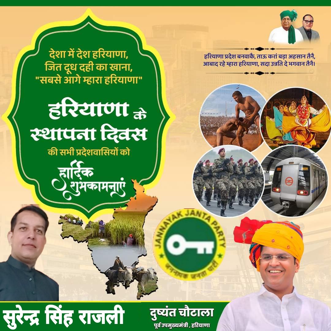 ErSurenderRajli's tweet photo. हरियाणा के स्थापना दिवस की सभी प्रदेशवासियों को हार्दिक बधाई। राज्य निर्माण, विकास और उन्नति में योगदान देने वाले सभी महापुरुषों को नमन।

 जय हरियाणा !

@Dchautala @JJPofficial @AHindinews https://t.co/HCxQc3kNF8