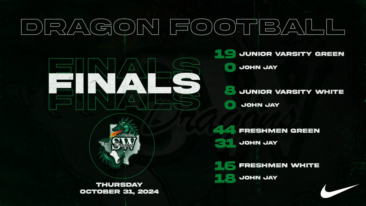 JV Football with the sweep over the Mustangs. In the battle of unbeaten freshmen the Dragons get a big 44-31 win over John Jay to improve to 9-0! All set up for the District championship tomorrow night at Frazier Field! #WeareSW #AAAO