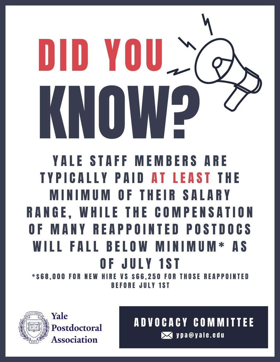 Since July 2024, policy change at Yale has left #postdocs with years of experience receiving compensation below the set minimum. The Advocacy Committee recently ran a social media campaign highlighting this #inequitable and #unfair decision by <a href="/Yale/">Yale University</a> administration <a href="/yaledailynews/">Yale Daily News</a>