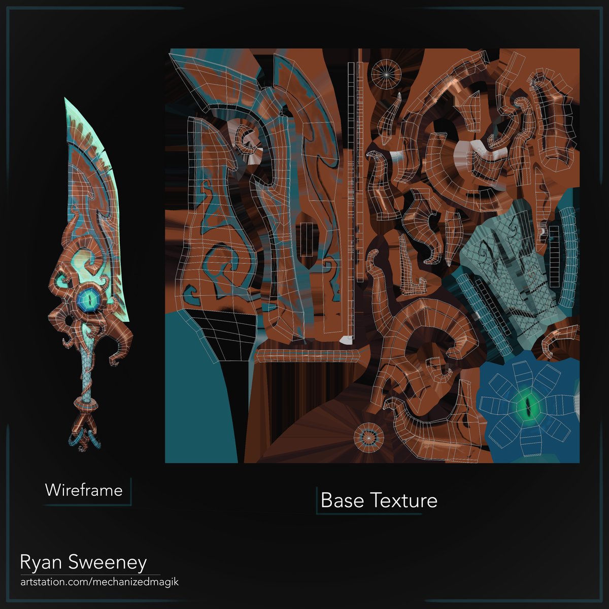 Here's a better look at the wireframe and the texture from Substance Painter. I wanted the model to look handpainted, with the light and shadows painted in, but I wanted to have some elements of PBR as a hybrid.

#stylized #handpainted #gameart #gamereadyasset #lowpoly #Unreal