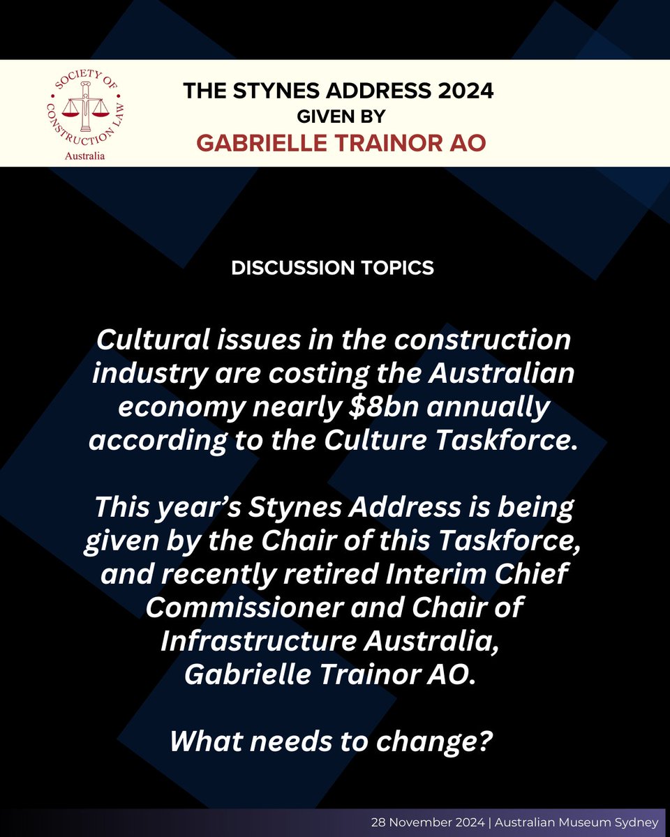 What do you think? Share your thoughts with us! 
lnkd.in/gTMFPZzS

This year's Stynes Address is presented by Gabrielle Trainor AO on 28 Nov 2024 at the iconic Australian Museum in Sydney!

TICKETS: lnkd.in/gTMFPZzS

#socla #CultureTaskforce #stynesaddress #Sydney