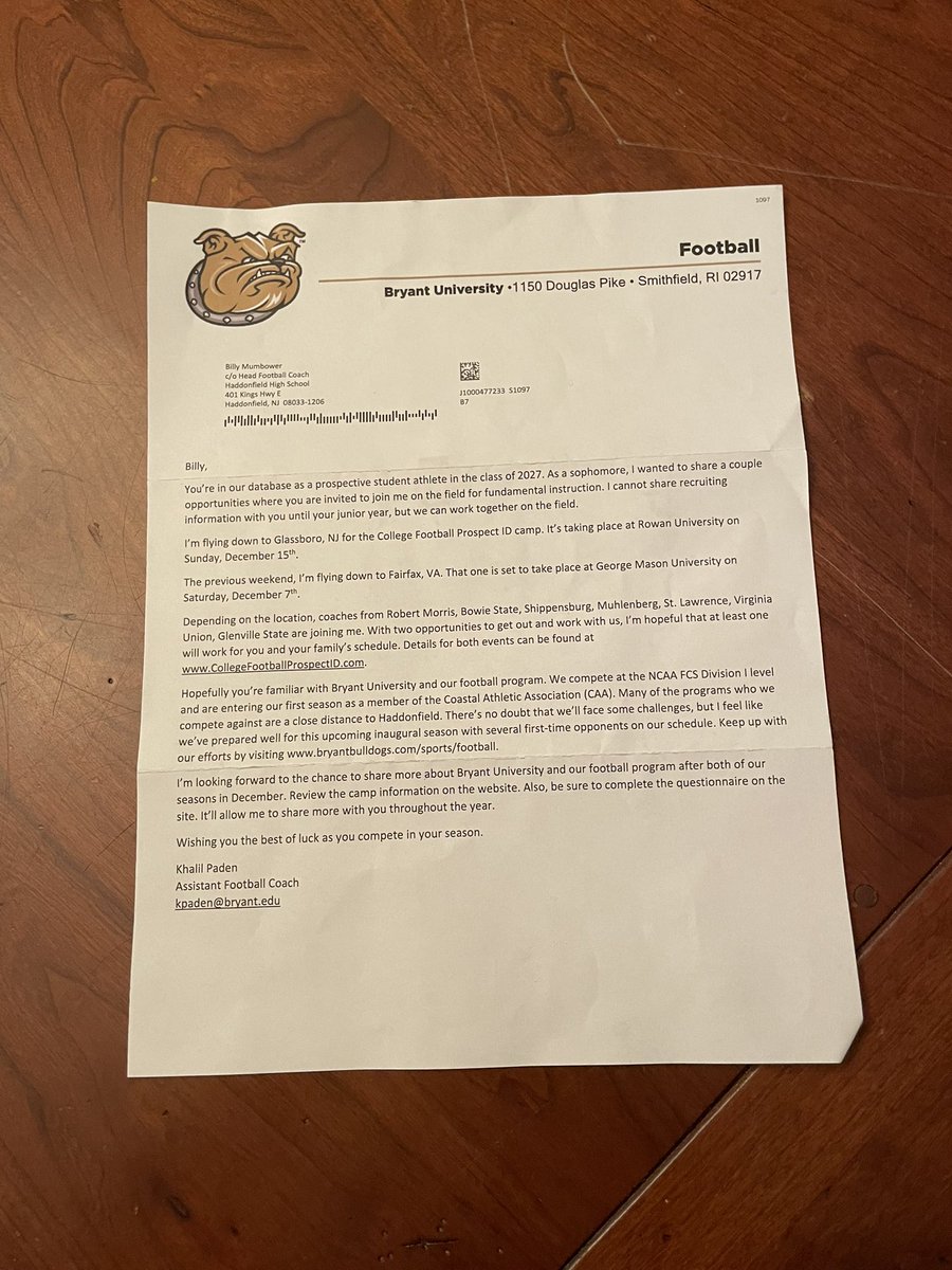 Blessed to receive a letter from Coach Khalil Paden from <a href="/BryantUFootball/">Bryant Football</a>! 
<a href="/haddonsfootball/">Haddonfield Football</a> <a href="/JerseyGridScout/">Jersey Gridiron Scout</a> <a href="/JasonPare01/">Jason Paré</a> <a href="/CoachPajic/">Tom Pajic</a>