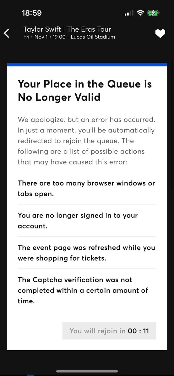 jhoodwalters's tweet photo. @swiftieswanttix Ticketmaster error once again prevents real fans from getting tickets.  I was on my phone, using the app .  I didn’t log out or refresh.   Heartbroken.   Can’t believe this is allowed to happen so often https://t.co/oLKajs4LPw
