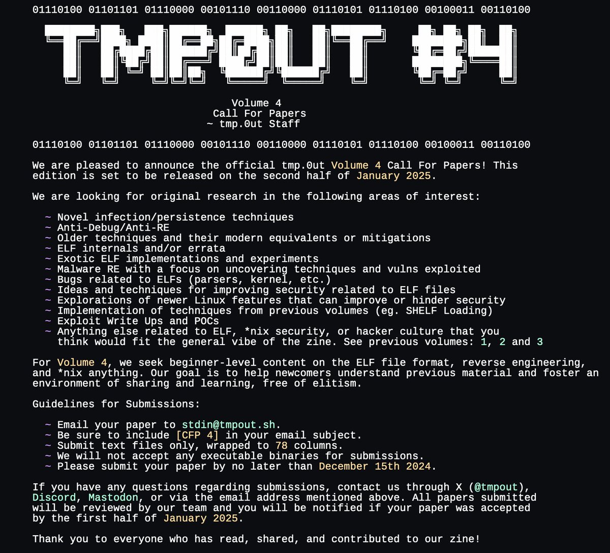 tmp.0ut Volume 4 is happening! Our call for papers is now open, and we're excited to see what you've been working on 👀 read the full announcement here: tmpout.sh/blog/vol4-cfp.…
