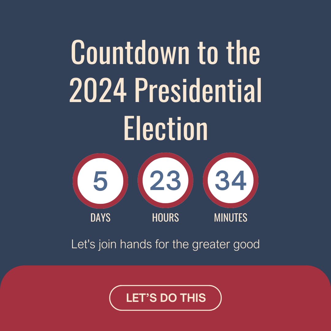 TamiaDBooker's tweet photo. We're just 5 days away from the November 5, 2024 Presidential Election! 🗳️ Make sure you're ready to make your voice heard. 🗣️

#5DaysToVote #Election2024 #PlanYourVote #YourVoiceMatters #CountdownToElectionDay #ElectionDay #LetsDoThis https://t.co/S4L3iGuypX