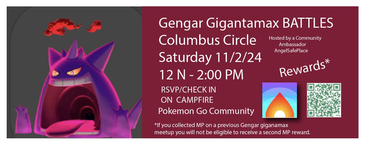 Gengar Gigantamax Battles Meetup 11/2/24 12N-2:00PM.  Columbus Circle.  Rsvp/checkin on Campfire.