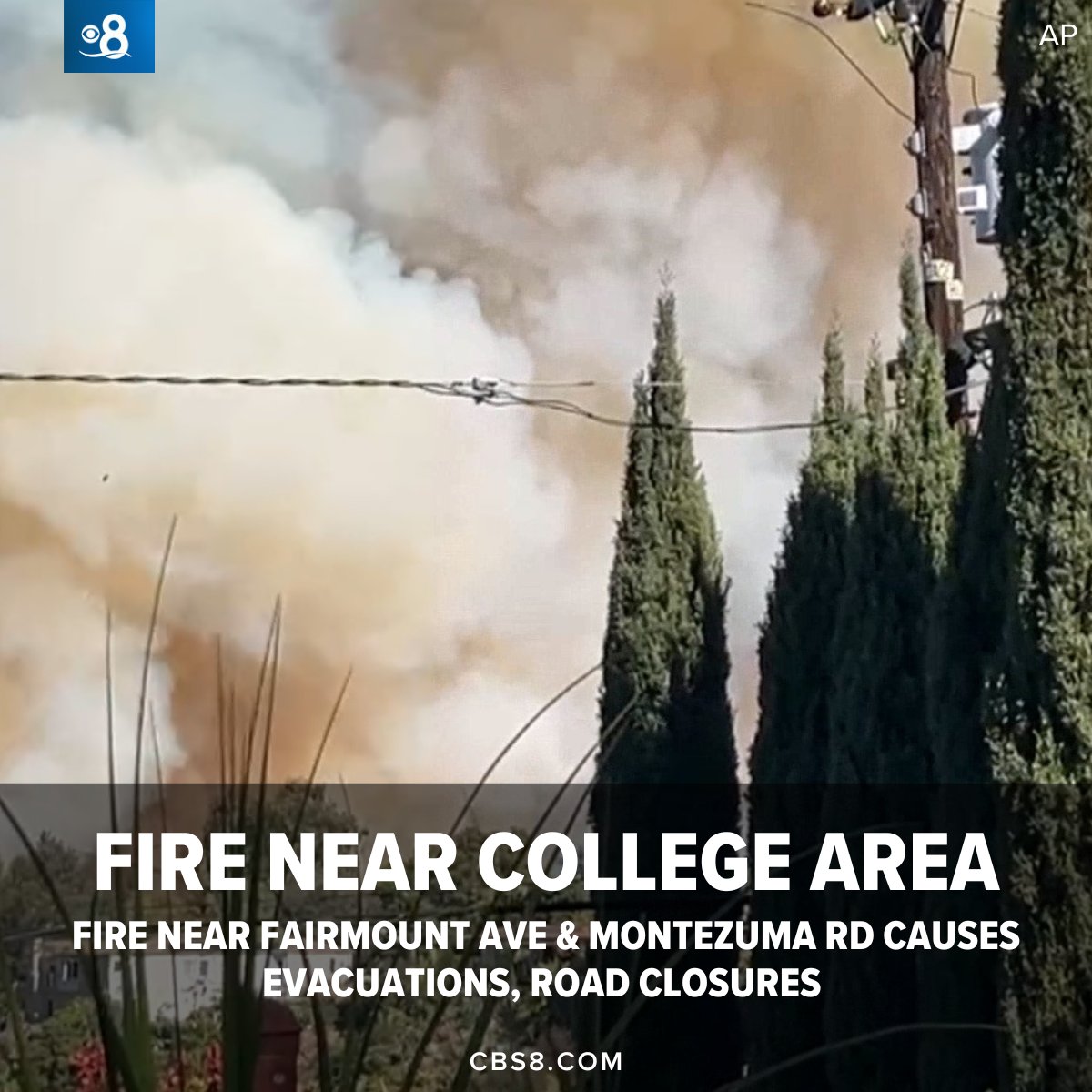 CBS8's tweet photo. BREAKING: A brush fire ignited in the College Area in San Diego on Thursday afternoon causing evacuations and road closures as fire crews battled the blaze as smoke could be seen for miles in all directions. https://t.co/4J6NZE2xjr https://t.co/qsayEBk4RD