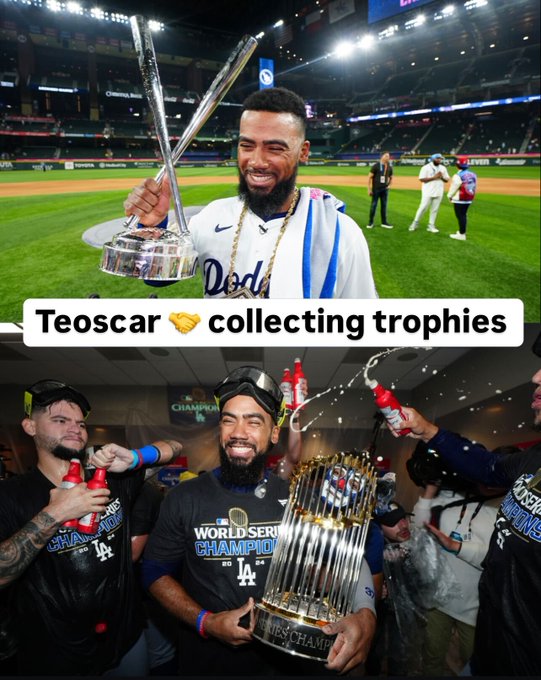 Teoscar collecting trophies
Pictured: Top, an image of Teoscar Hernández holding the 2024 Home Run Derby trophy while wearing a home white Dodgers uniform. Bottom, an image of Teoscar Hernández holding the 2024 World Series trophy while wearing a World Series Champions t-shirt during the Dodgers' clubhouse celebration.