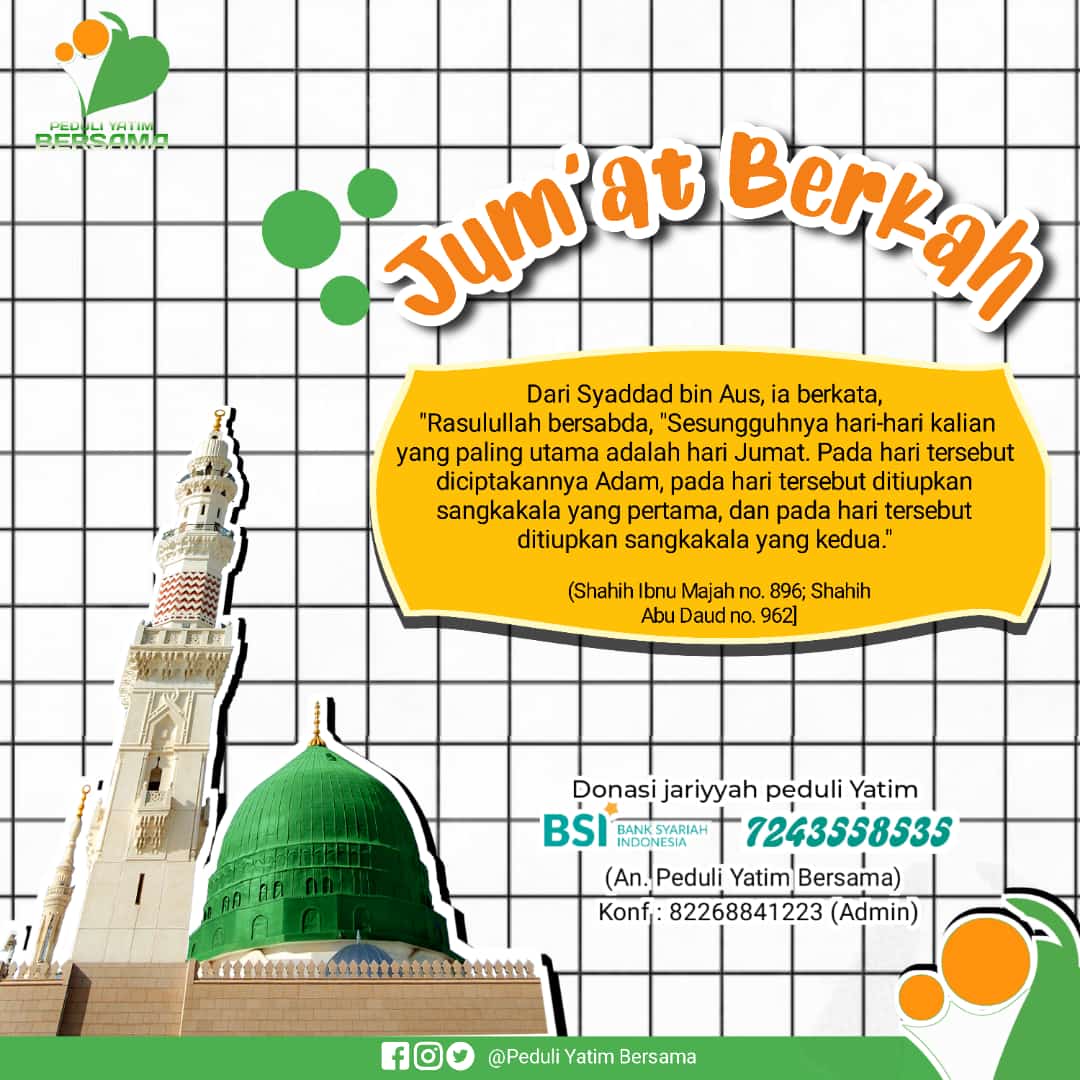 Bismillah.....
Yuk awali hari #JumatBerkah dan bertepatan dengan pergantian bulan dengan infaq terbaiknya subuh ini😊
<a href="/PeduliYatimBrsm/">Peduli Yatim Bersama</a>