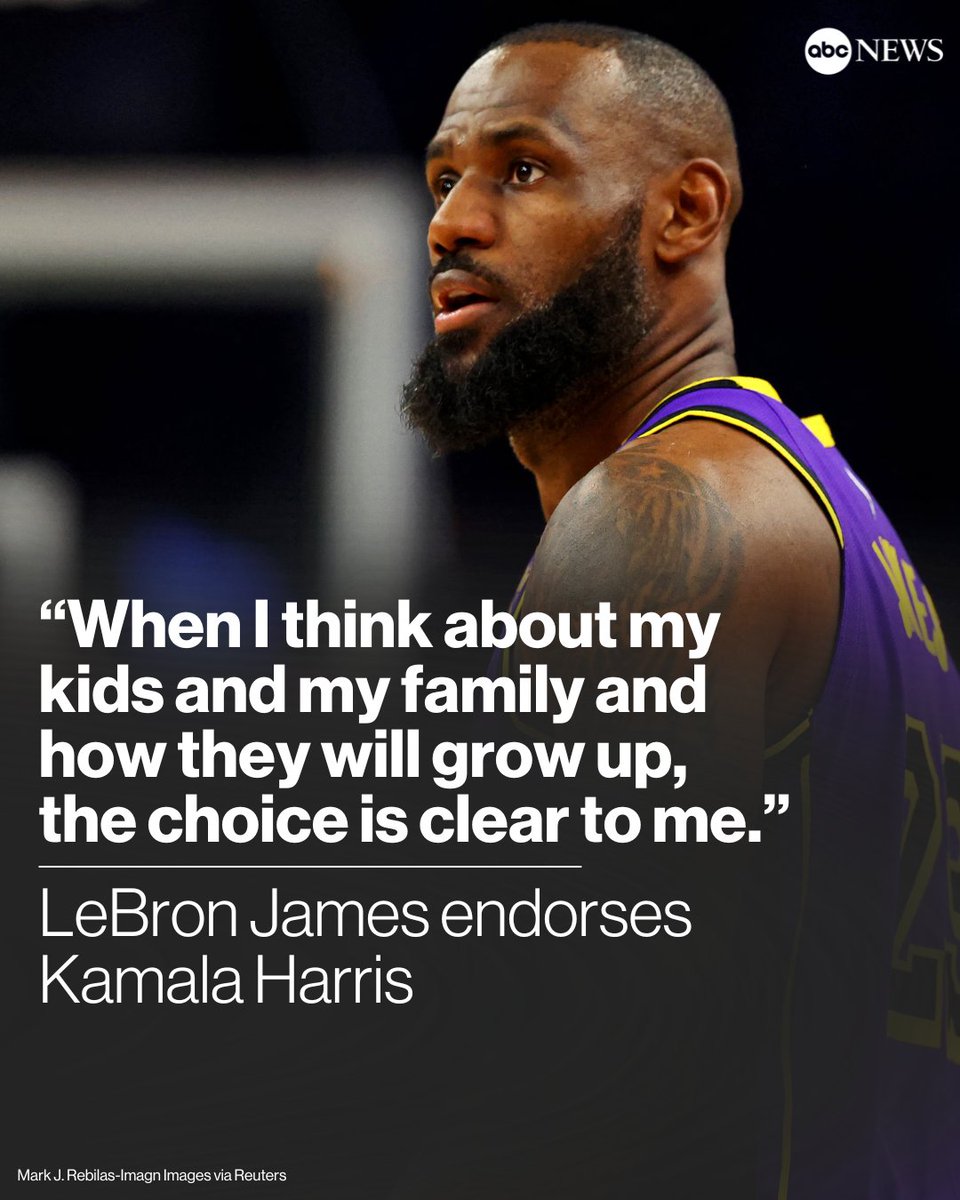 ABC's tweet photo. Los Angeles Lakers superstar LeBron James, among the most well-known basketball players in the world, endorsed Kamala Harris in a social media post on Thursday.

Read more: https://t.co/1IE0grn1Ro https://t.co/ZQX6CedIGY