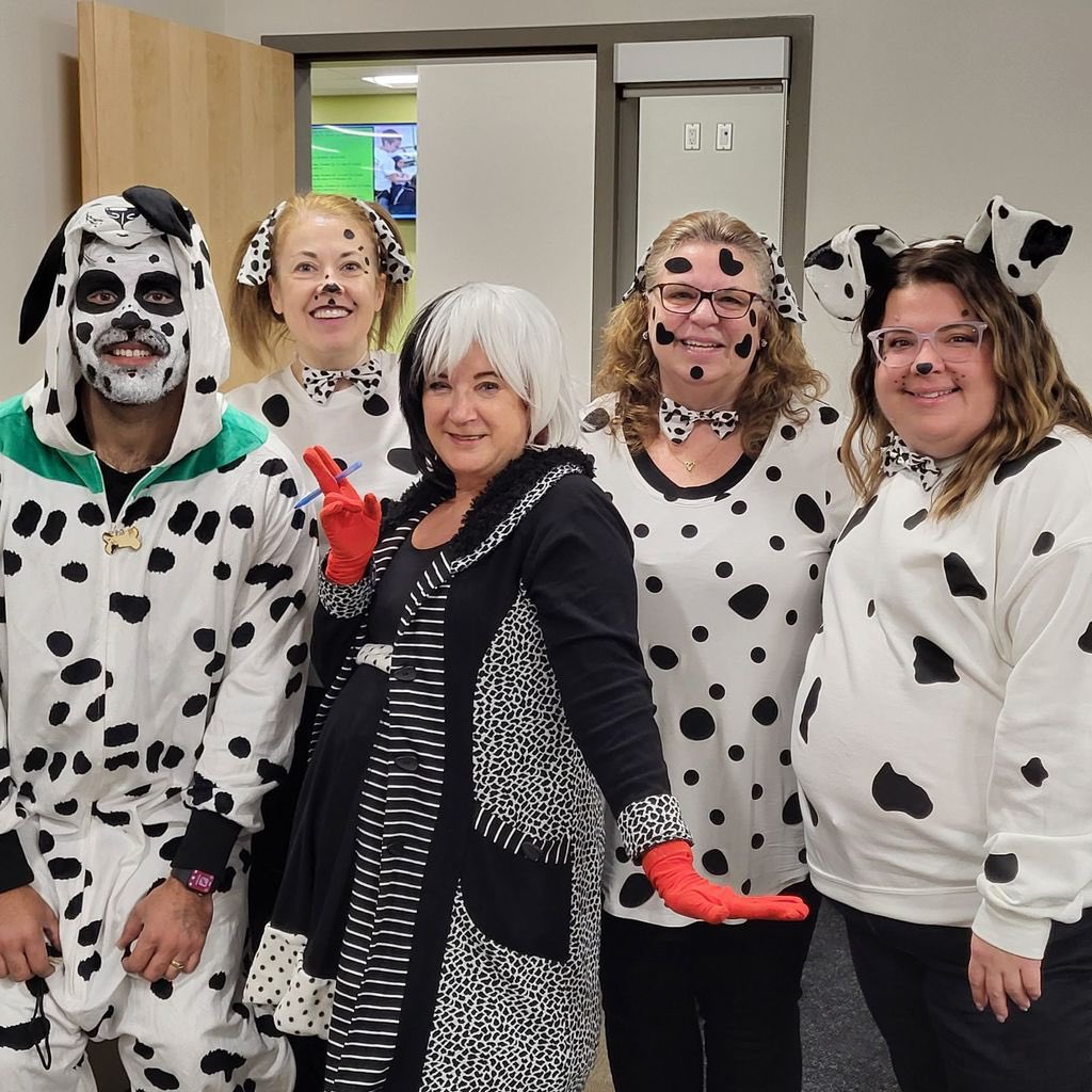 Cruella De Vil captured a staff full of Dalmatians at Ecole Wascana Plains today! 🐾🎃