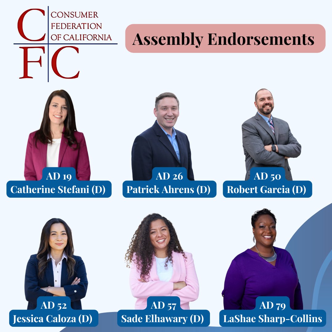 Consumer Federation of California (@consumercal) on Twitter photo As Election Day fast approaches, CFC urges all of our supporters to help these 10 CFC-endorsed candidates up-and-down the state of #California in whatever way possible, be it by volunteering on the ground, making phone calls or donating to their campaigns. #vote #caleg As Election Day fast approaches, CFC urges all of our supporters to help these 10 CFC-endorsed candidates up-and-down the state of #California in whatever way possible, be it by volunteering on the ground, making phone calls or donating to their campaigns. #vote #caleg