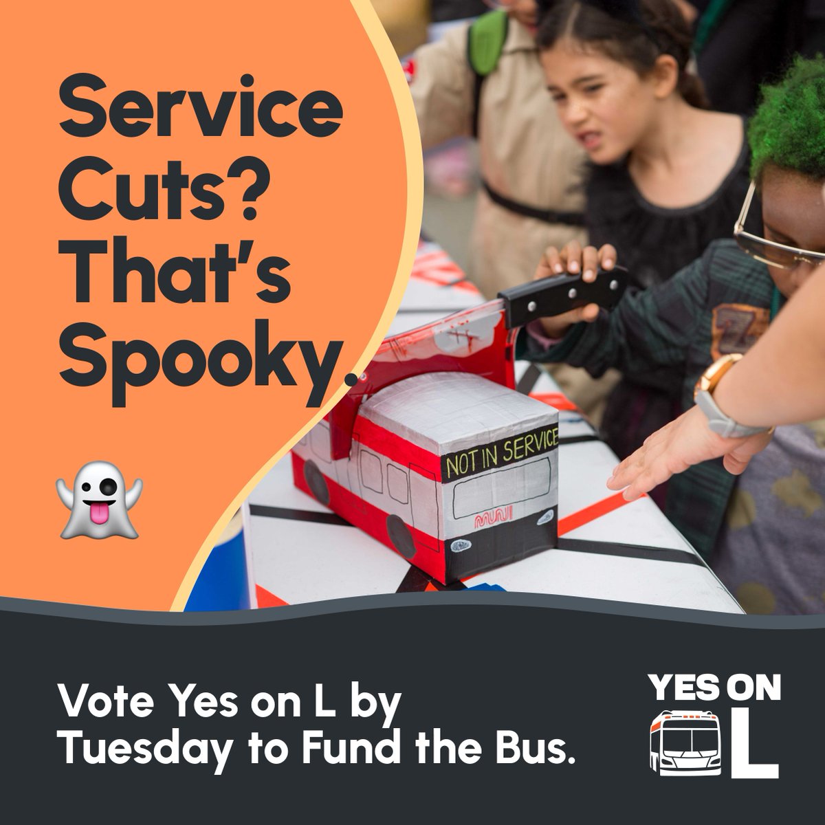 sftransitact's tweet image. Happy Halloween 🎃 👻 Here's a spooky story for you: Muni is facing service cuts as early as next year, which means longer waits for buses and trains, fewer hours of service, and whole lines cut 🪓 ‼️ Vote Yes on L to save up to twelve bus lines now!