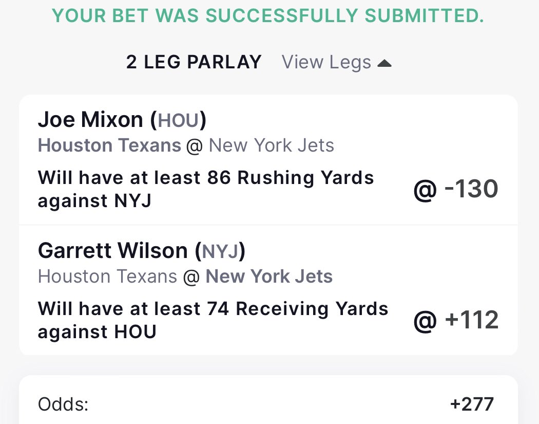 bingbongbetz's tweet image. 🚨 2-leg player prop matching the previous post on Wilson and Mixon but with higher margins on the rushing and receiving to get the +277 odds. #nflpicks #nflbets #nflprop #PlayerProps #PlayerPropBets #SportsPicks #SportsCapper