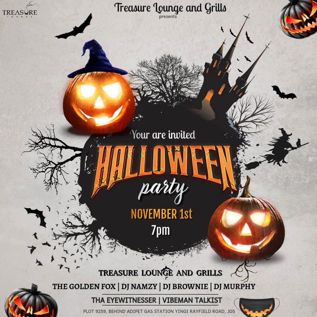 Let’s linkup @treasurelounge0 this Halloween 🎃! 
Music by <a href="/Deejay_whiz/">Golden Fox 🦊</a> <a href="/XplicitDjNamzy/">xplicit Dj Namzy AGV</a> @djmurphy988 
Anchor <a href="/eyewitnesser_/">Eyewitnesser 👀</a> Hype: <a href="/vibeman_Talkist/">vibeman talkist</a> 

#treasureloungeandgrill #treasurelounge #loungeinjos