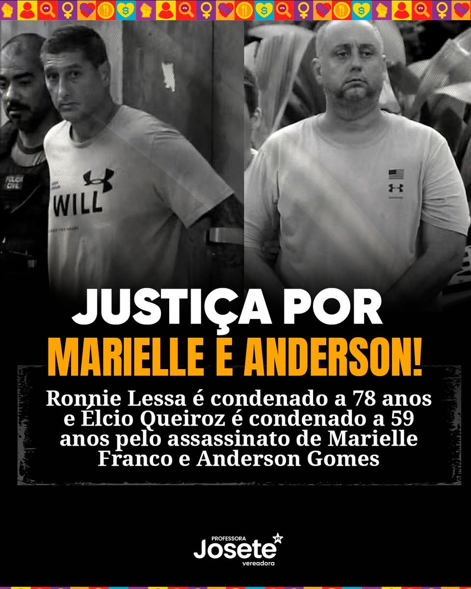 profjosete's tweet photo. ✊ JUSTIÇA POR MARIELLE E ANDERSON ✊

Ronnie Lessa foi condenado a 78 anos de prisão, e Élcio de Queiroz a 59 anos, pelo assassinato de Marielle Franco e Anderson Gomes. Além das penas, ambos foram obrigados a pagar pensão ao filho de Anderson até ele completar 24.

Hoje, reafirmamos o poder da resistência que Marielle representa: uma mulher negra, de origem periférica e LGBTQIA+, que lutou bravamente pelos direitos humanos e pela justiça social. Seu legado segue vivo, inspirando cada passo em direção a um Brasil mais justo e igualitário.

#MariellePresente #JustiçaPorMarielleEAnderson