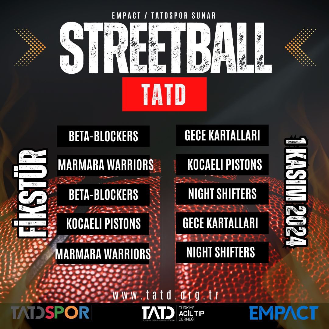 Heyecan dorukta 📣📣 
TATD Steetball 🏀🏀 için geri sayım başladı. 
İstanbul’da mücadele edecek tüm takımlarımıza başarılar dileriz. 
#basketball #streetball 
<a href="/TrTATD/">Türkiye Acil Tıp Derneği - TATD (EMAT)</a> <a href="/TatdSpor/">TATD Spor Tıbbı Çalışma Grubu - Tatdspor</a>